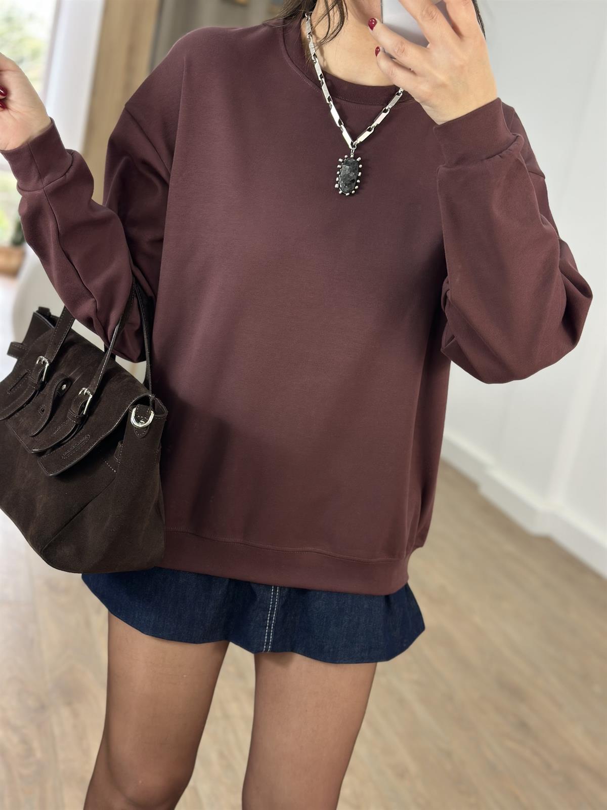 Bisiklet Yaka Pamuklu Basic Sweatshirt - Kahverengi