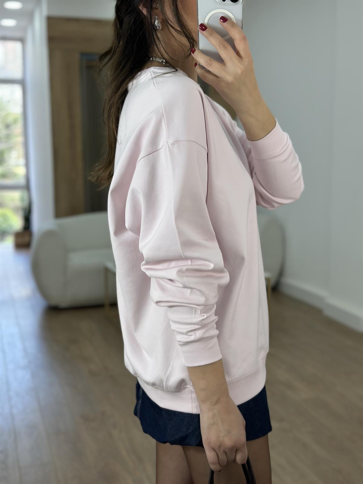 Bisiklet Yaka Pamuklu Basic Sweatshirt - Pembe
