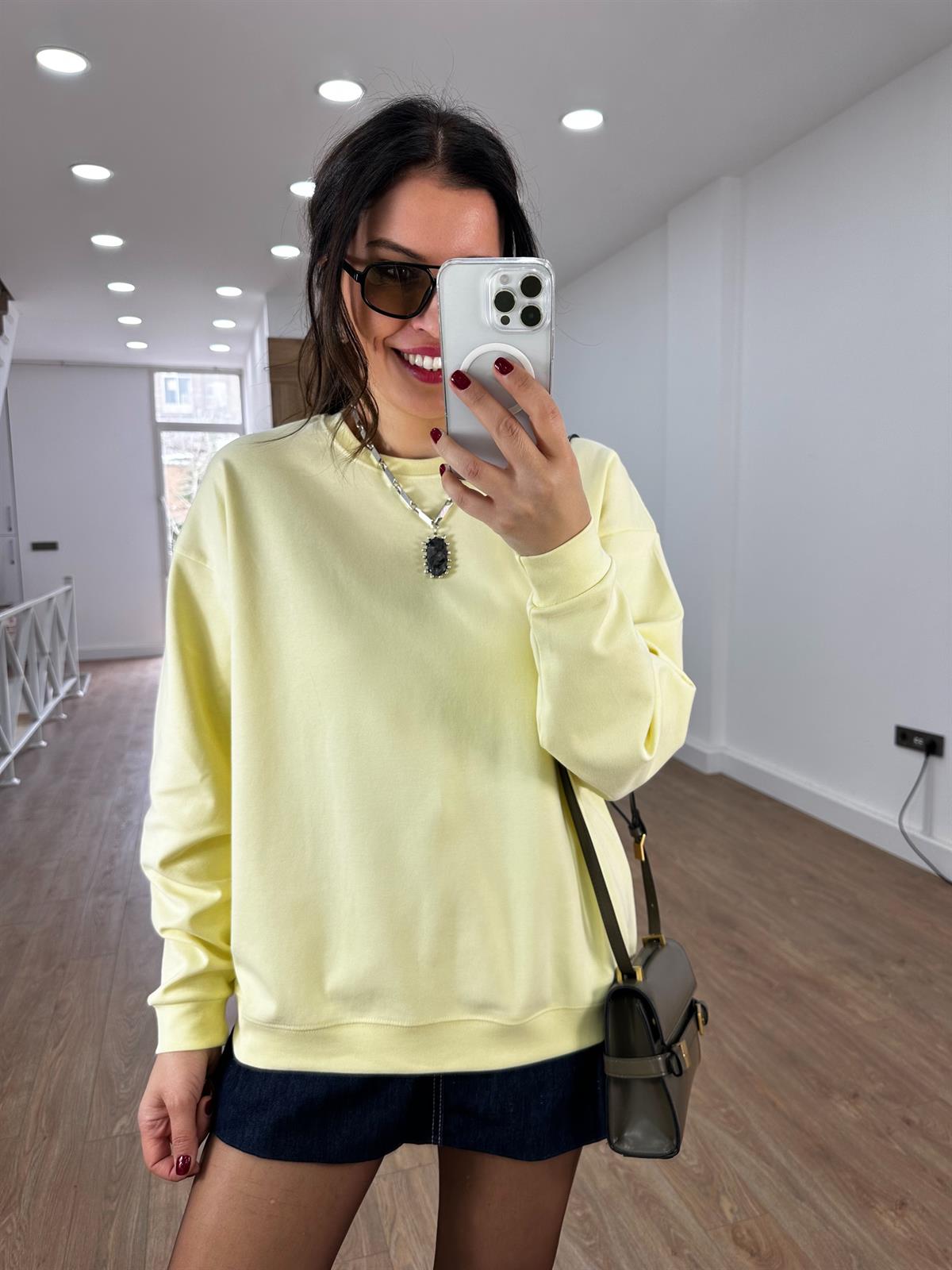 Bisiklet Yaka Pamuklu Basic Sweatshirt - Sarı