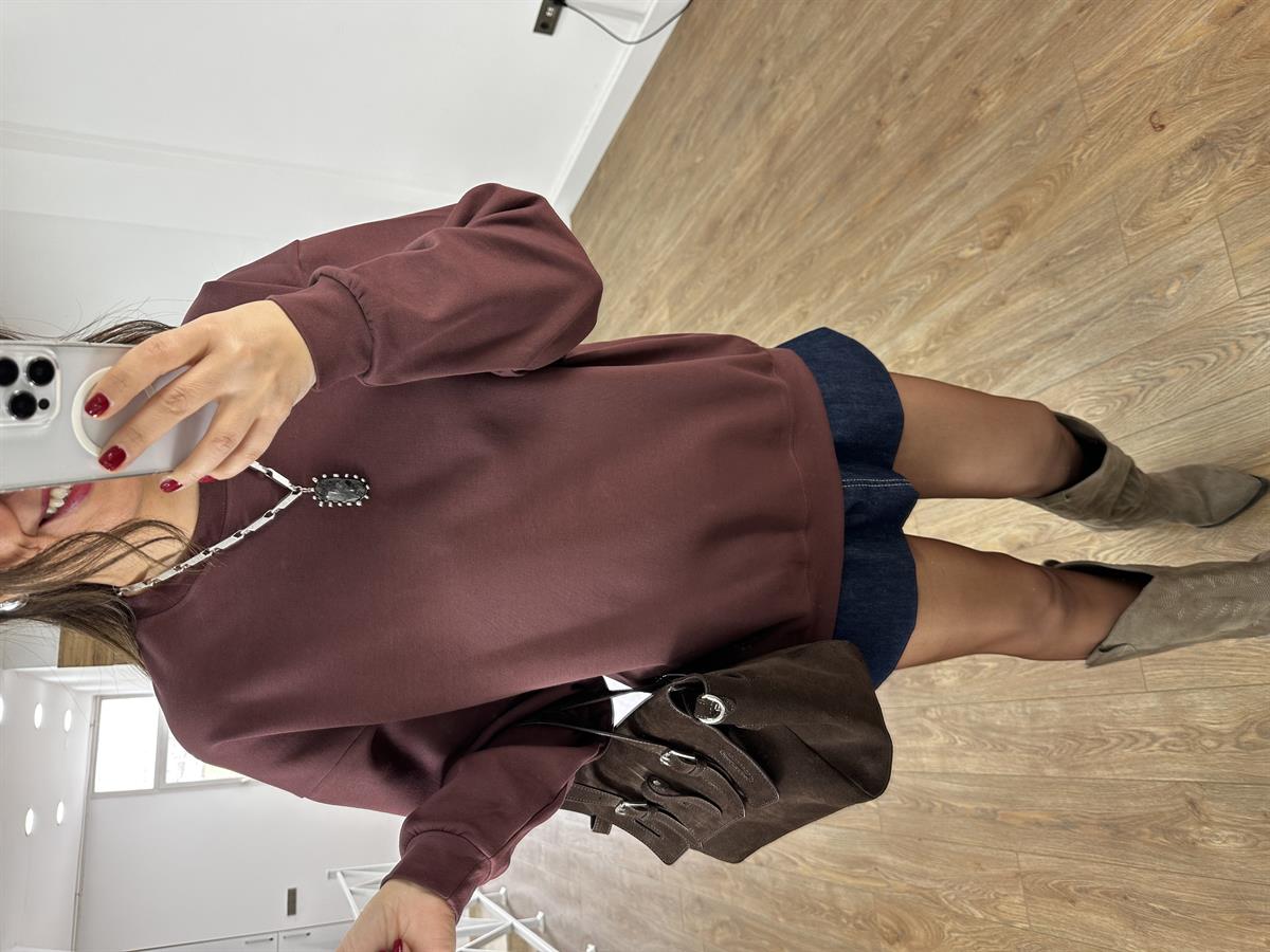 Bisiklet Yaka Pamuklu Basic Sweatshirt - Kahverengi