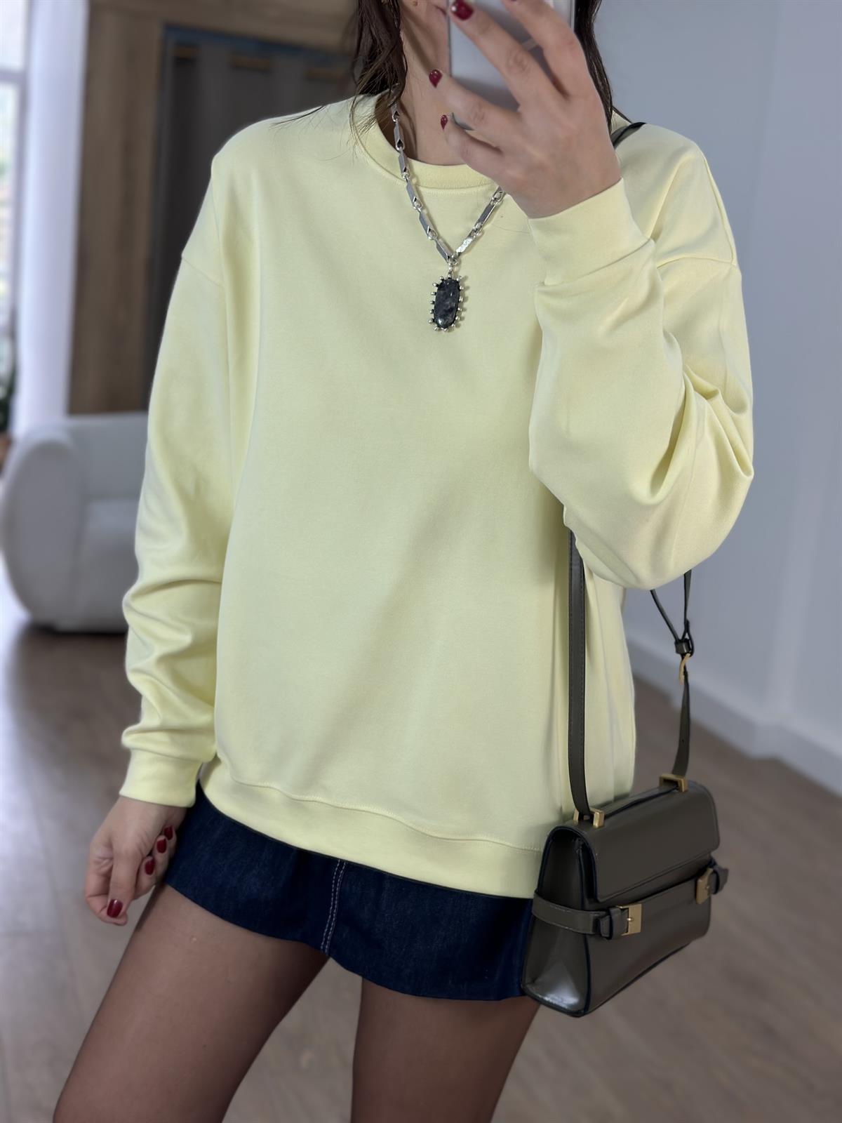 Bisiklet Yaka Pamuklu Basic Sweatshirt - Sarı