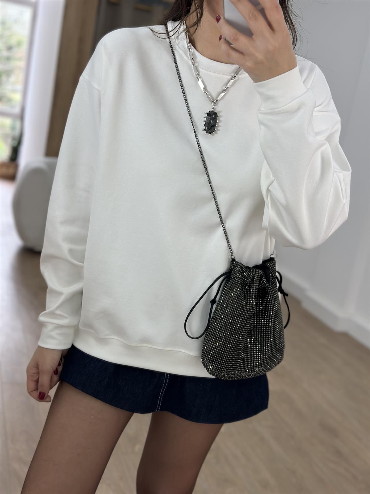 Bisiklet Yaka Pamuklu Basic Sweatshirt - Ekru