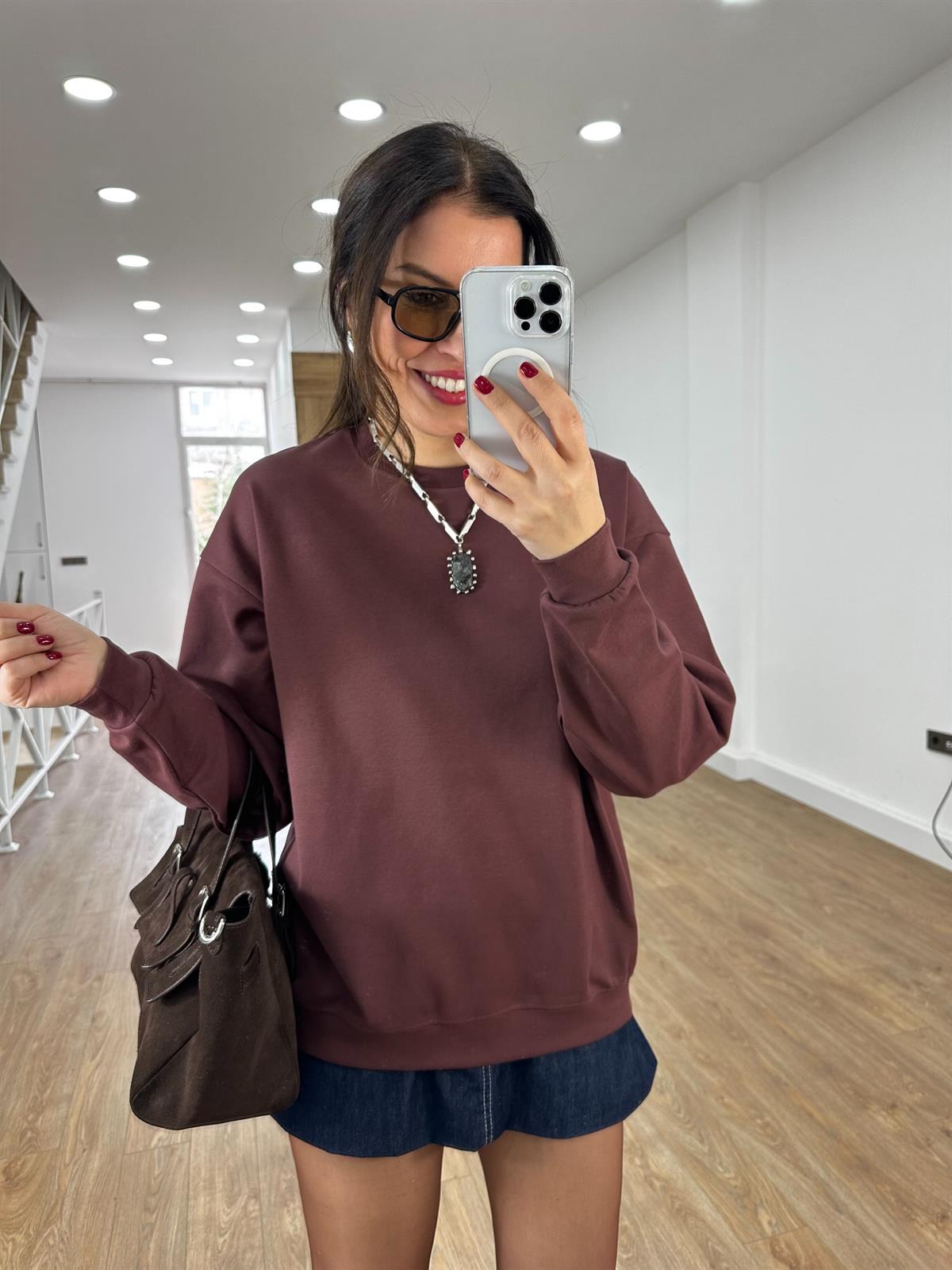 Bisiklet Yaka Pamuklu Basic Sweatshirt - Kahverengi