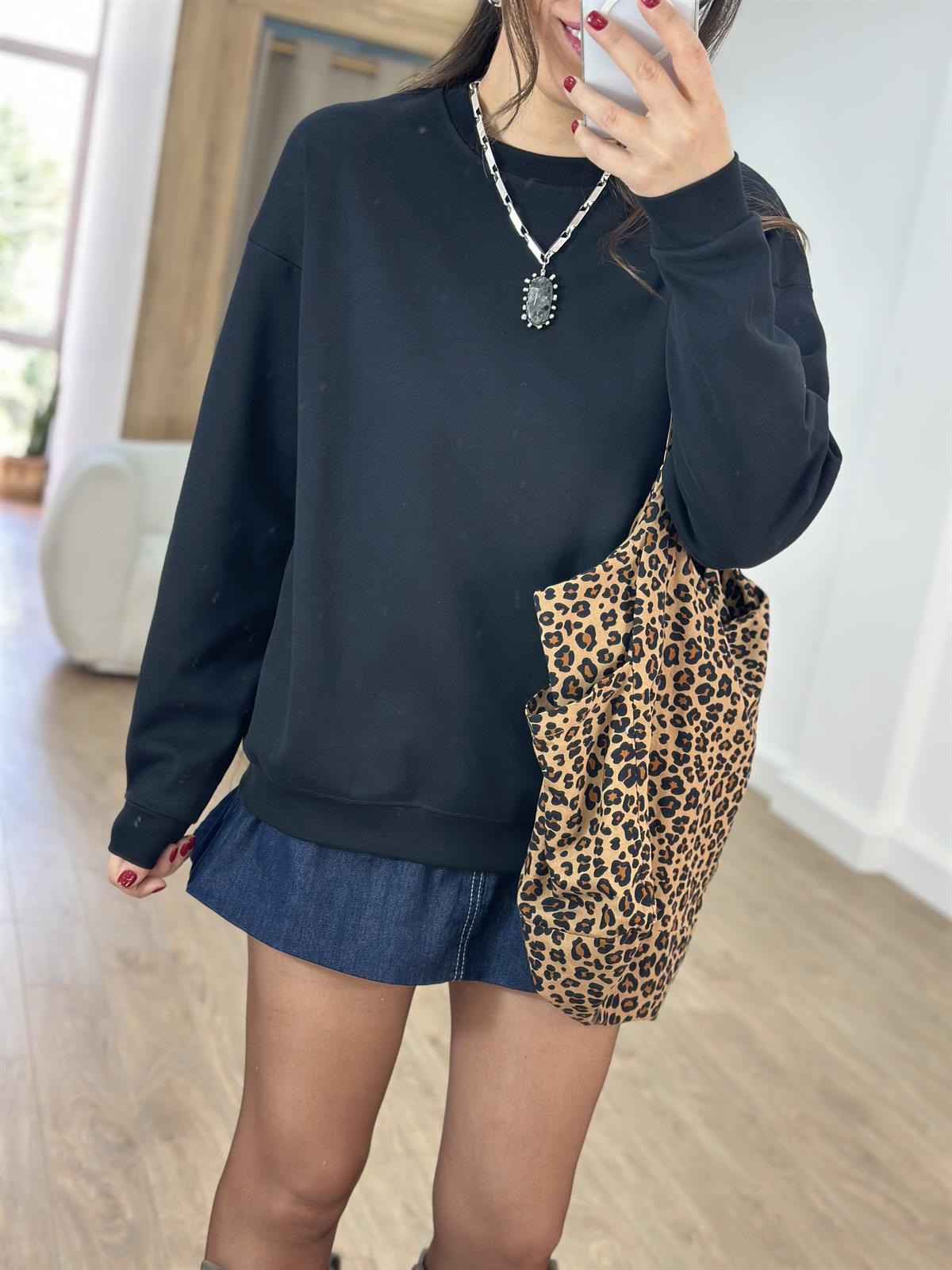 Bisiklet Yaka Pamuklu Basic Sweatshirt - Siyah