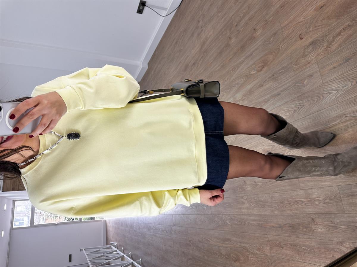 Bisiklet Yaka Pamuklu Basic Sweatshirt - Sarı