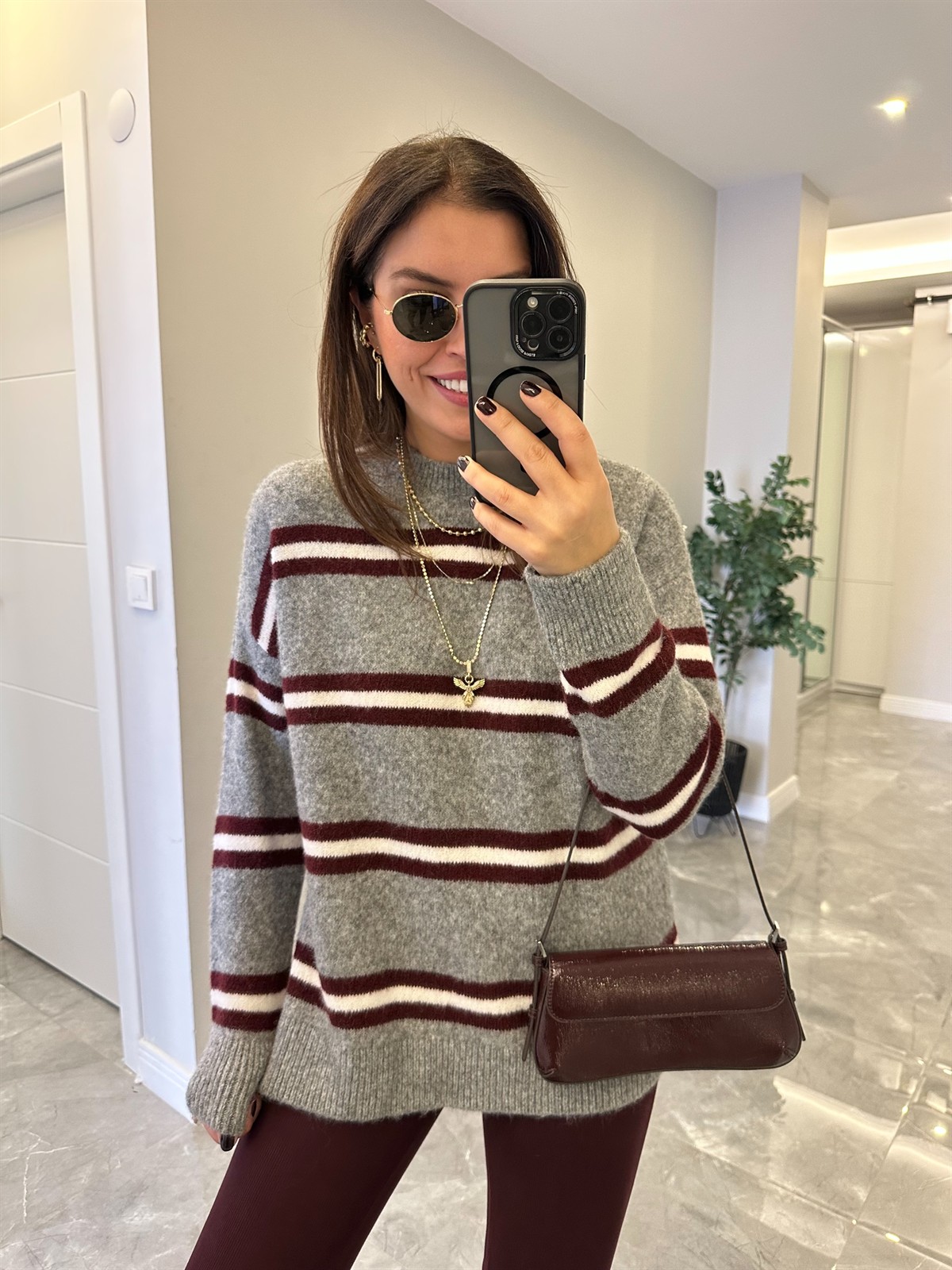 Bisiklet Yaka Şeritli Kazak - Gri