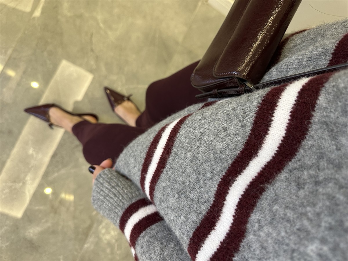 Bisiklet Yaka Şeritli Kazak - Gri