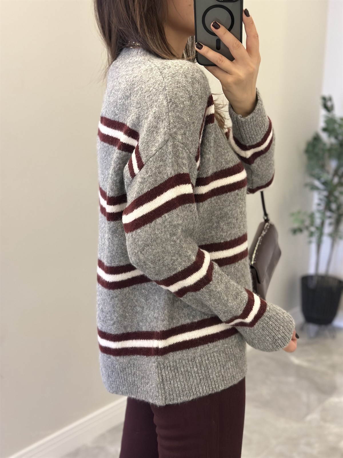 Bisiklet Yaka Şeritli Kazak - Gri