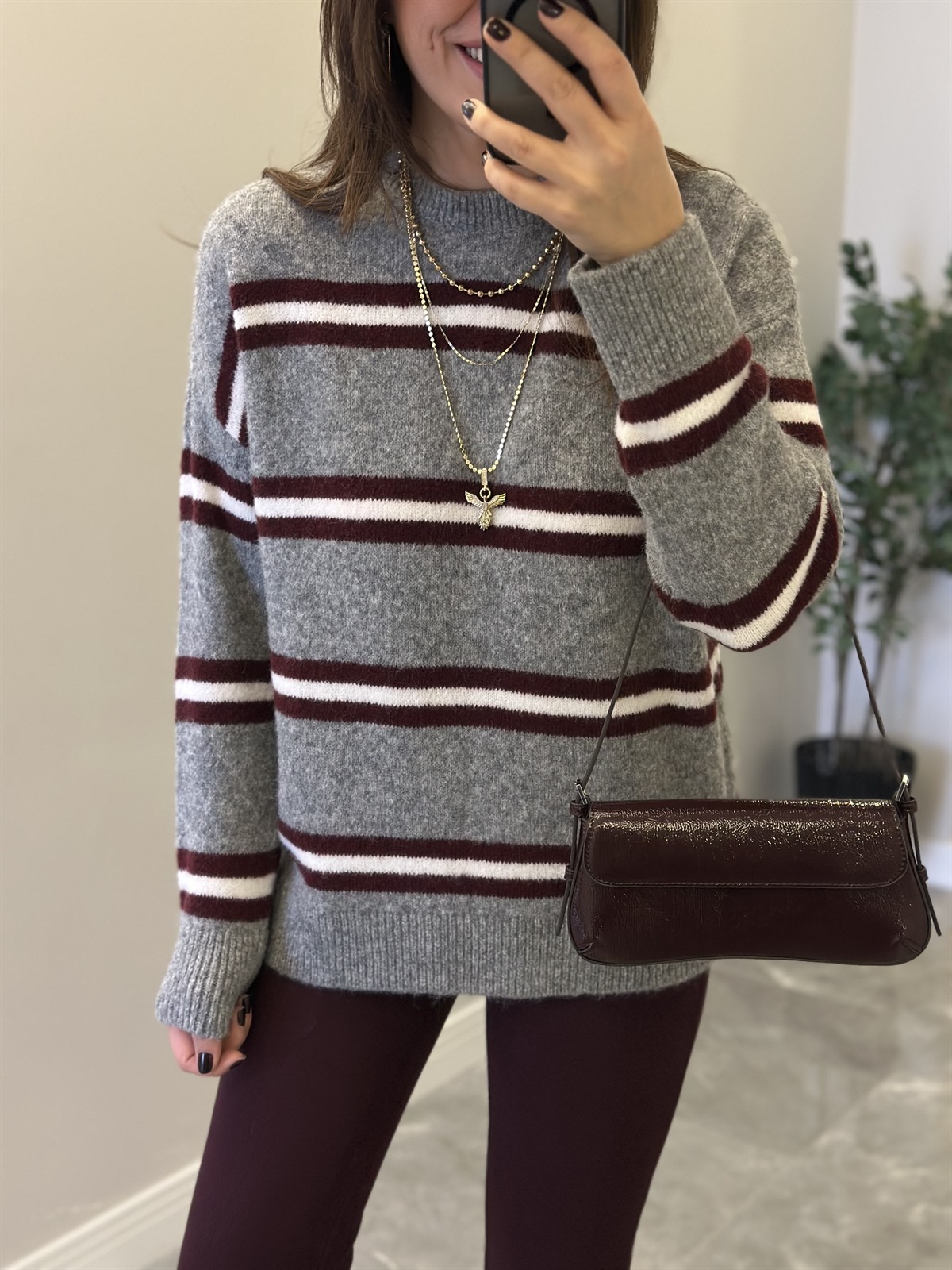 Bisiklet Yaka Şeritli Kazak - Gri