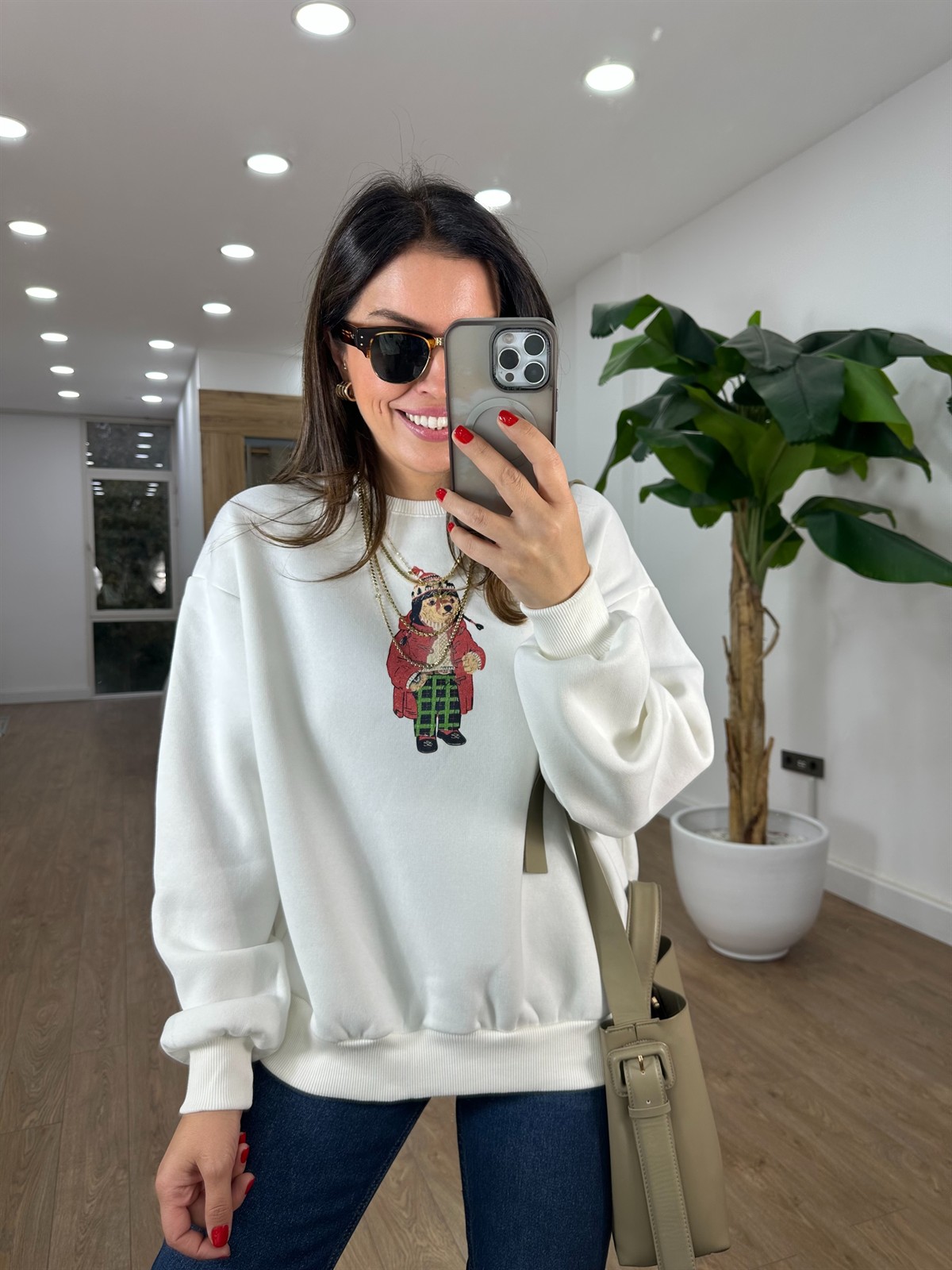 Bisiklet Yaka Teddy Bear Sweatshirt - Ekru 
