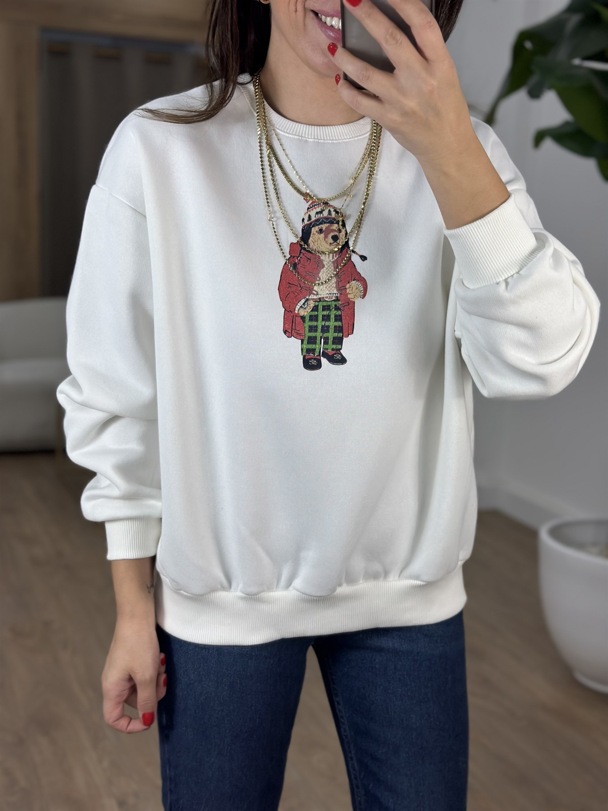 Bisiklet Yaka Teddy Bear Sweatshirt - Ekru 