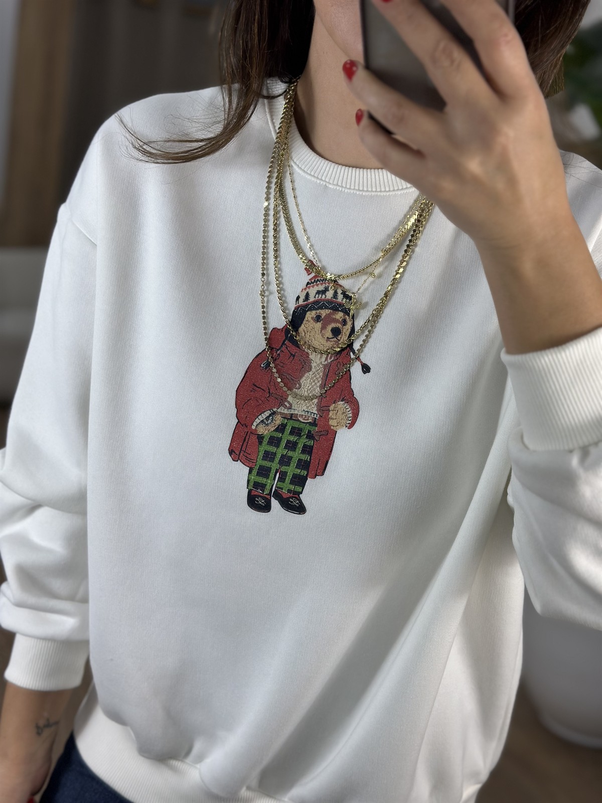 Bisiklet Yaka Teddy Bear Sweatshirt - Ekru 