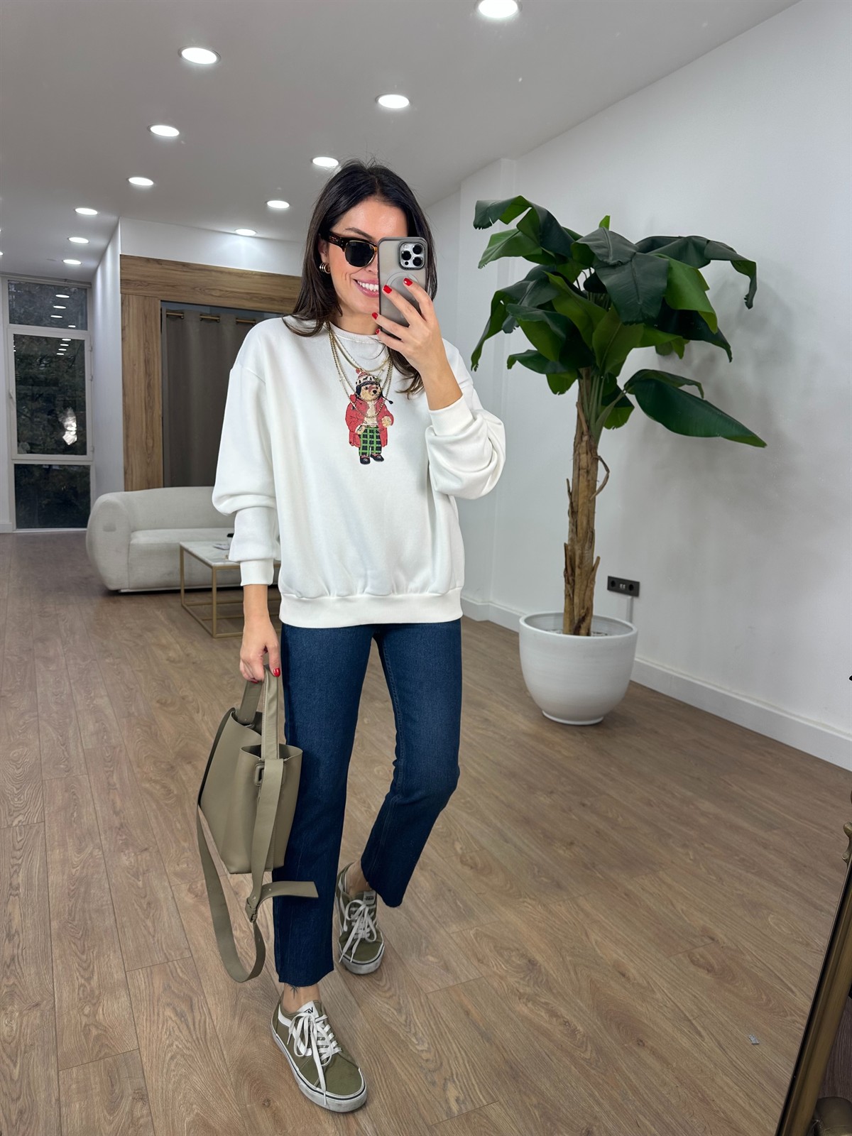 Bisiklet Yaka Teddy Bear Sweatshirt - Ekru 