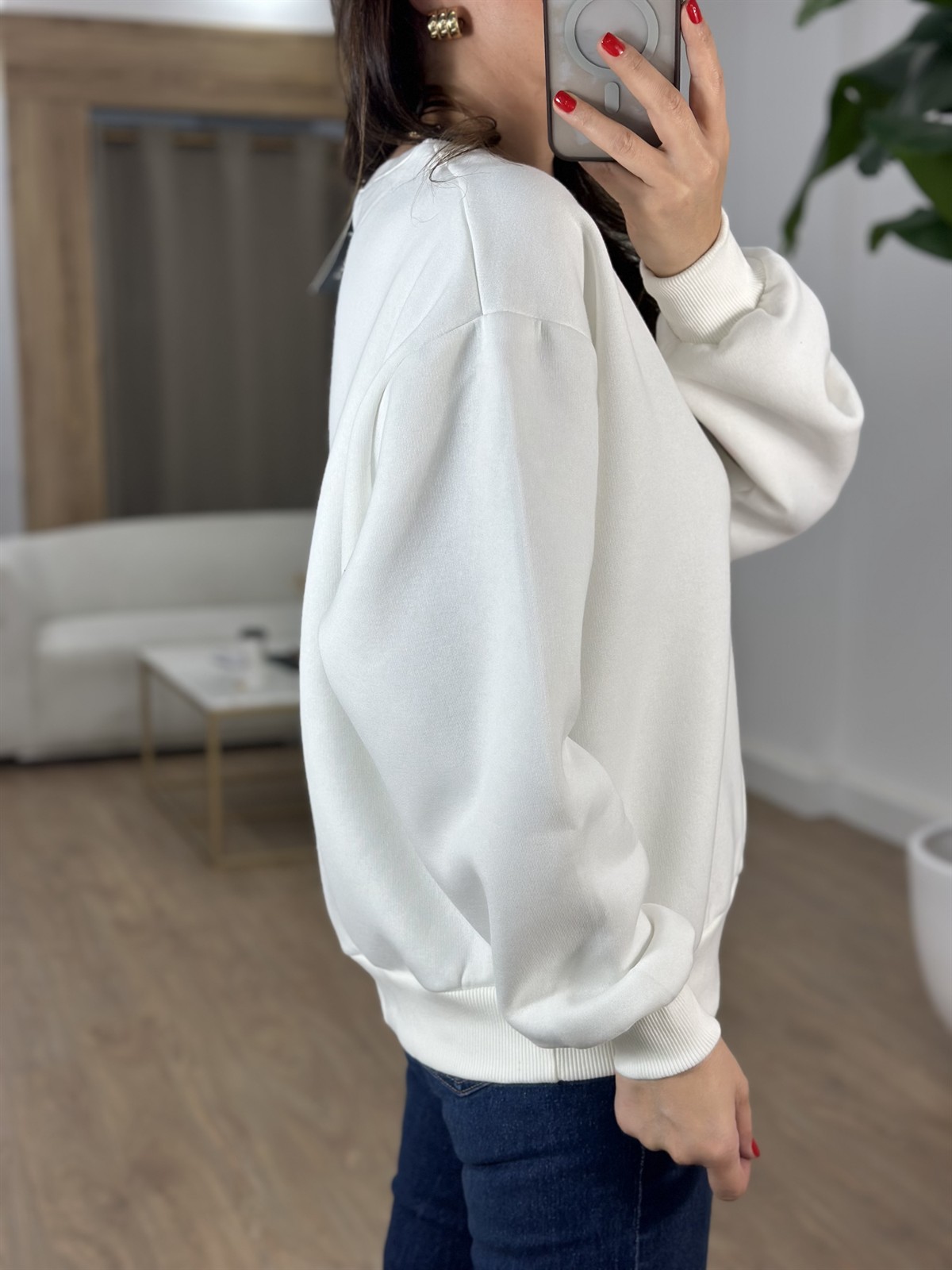 Bisiklet Yaka Teddy Bear Sweatshirt - Ekru 