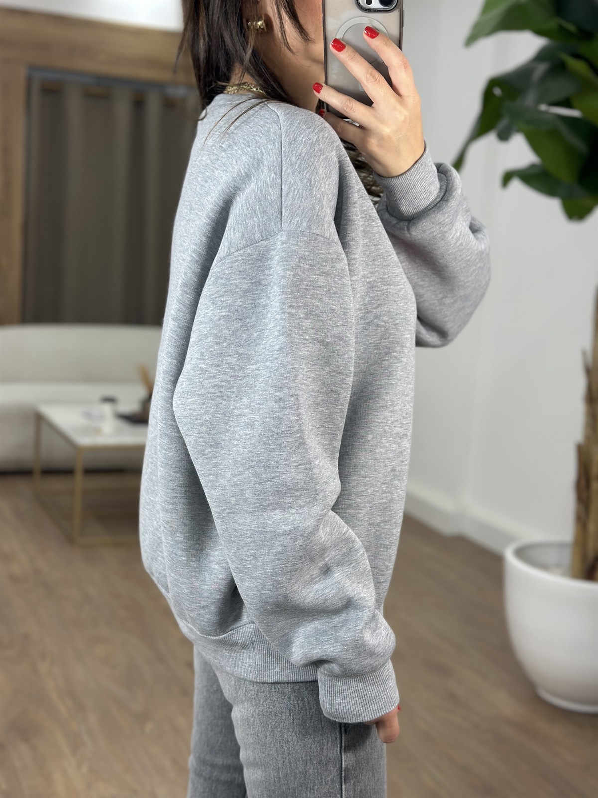 Bisiklet Yaka Teddy Bear Sweatshirt - Gri