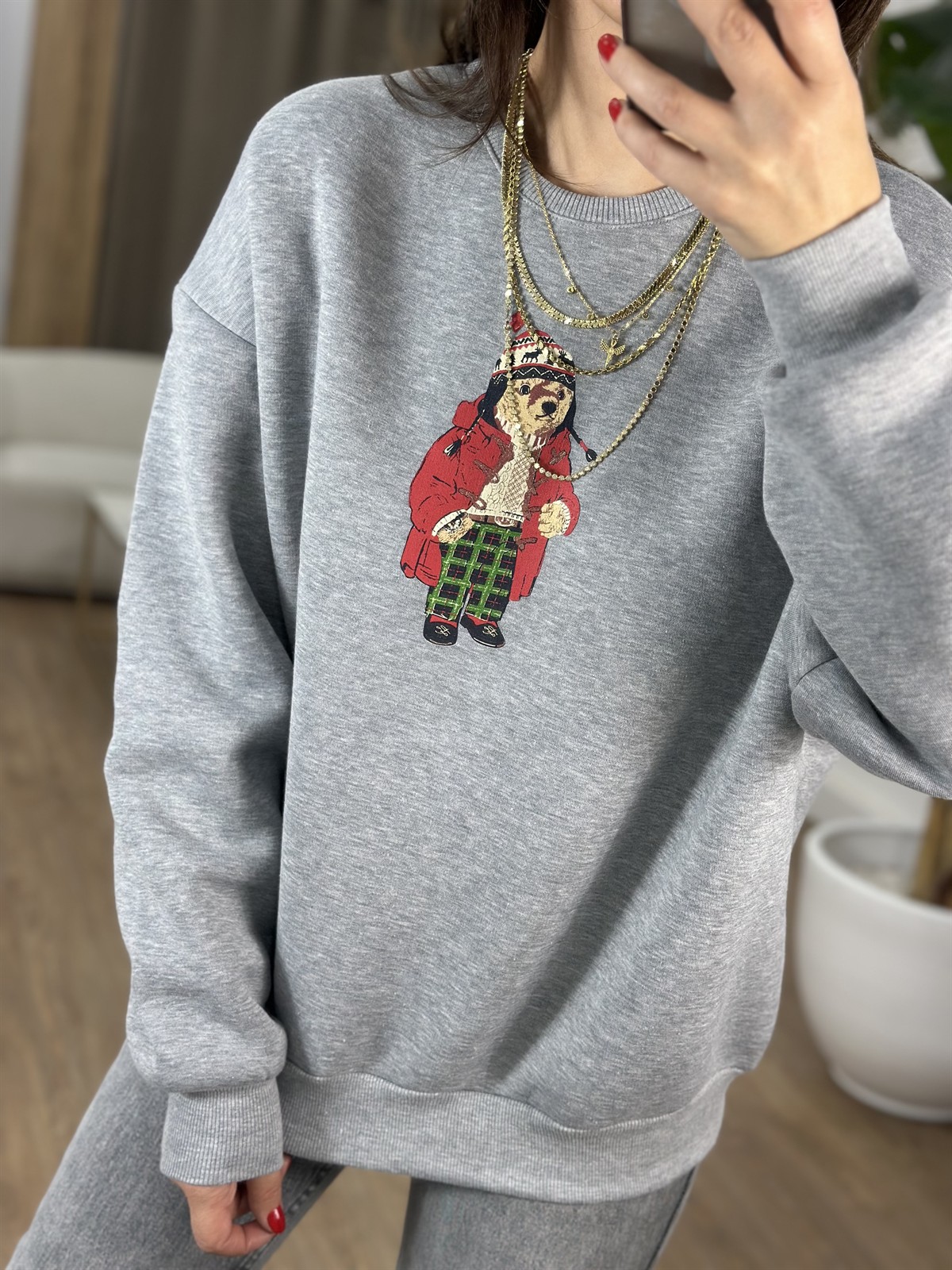 Bisiklet Yaka Teddy Bear Sweatshirt - Gri