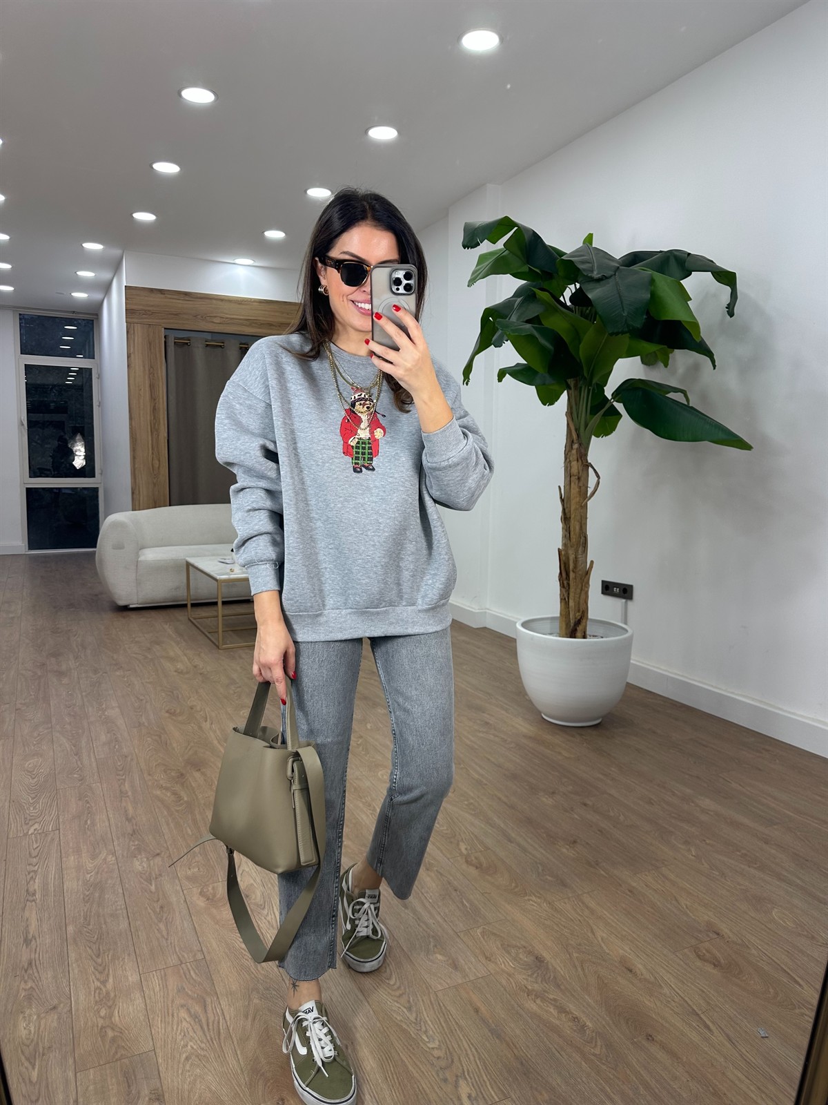 Bisiklet Yaka Teddy Bear Sweatshirt - Gri