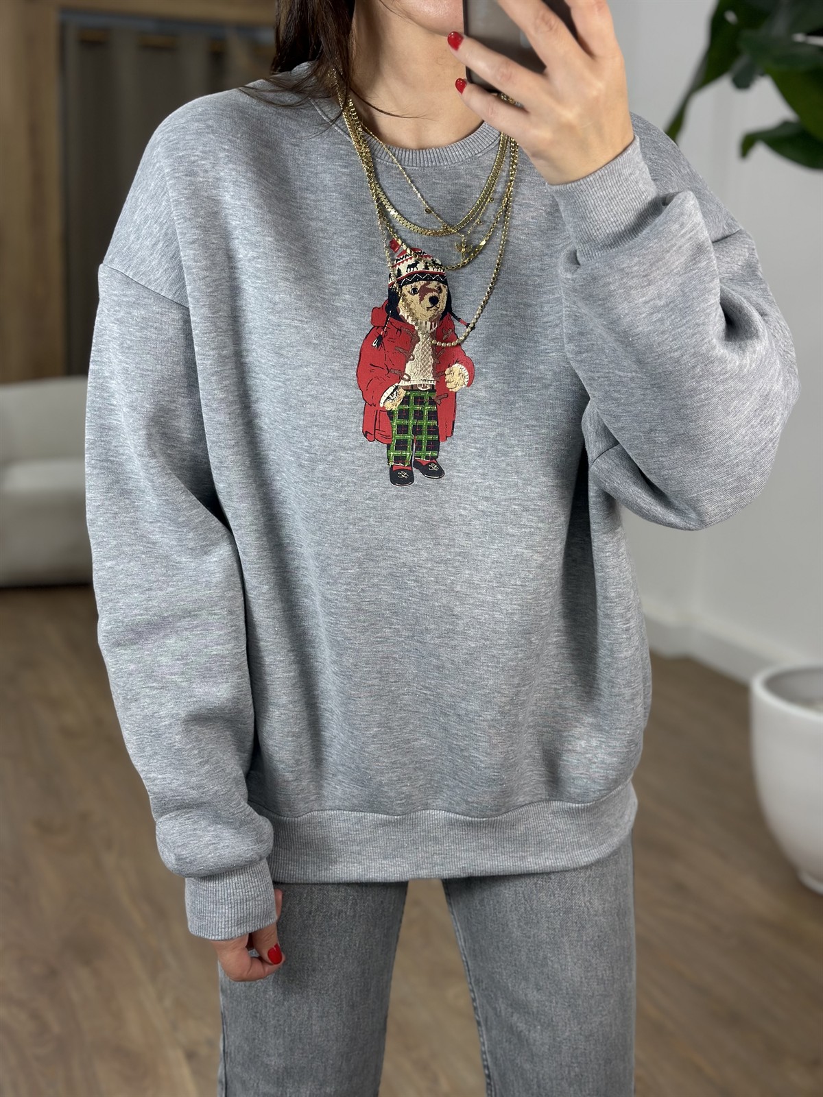 Bisiklet Yaka Teddy Bear Sweatshirt - Gri
