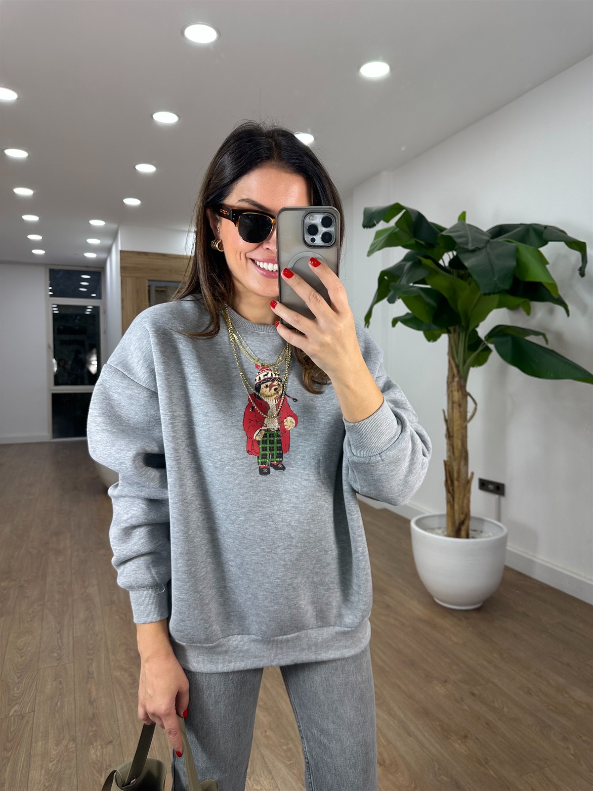 Bisiklet Yaka Teddy Bear Sweatshirt - Gri