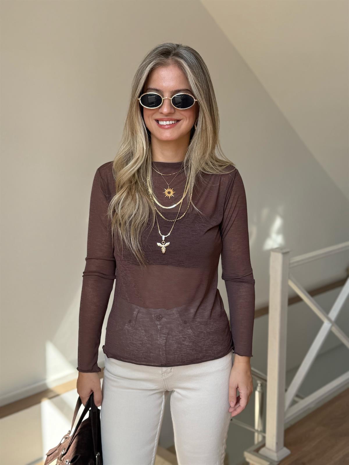 Bisiklet Yaka Transparan Bluz - Kahverengi