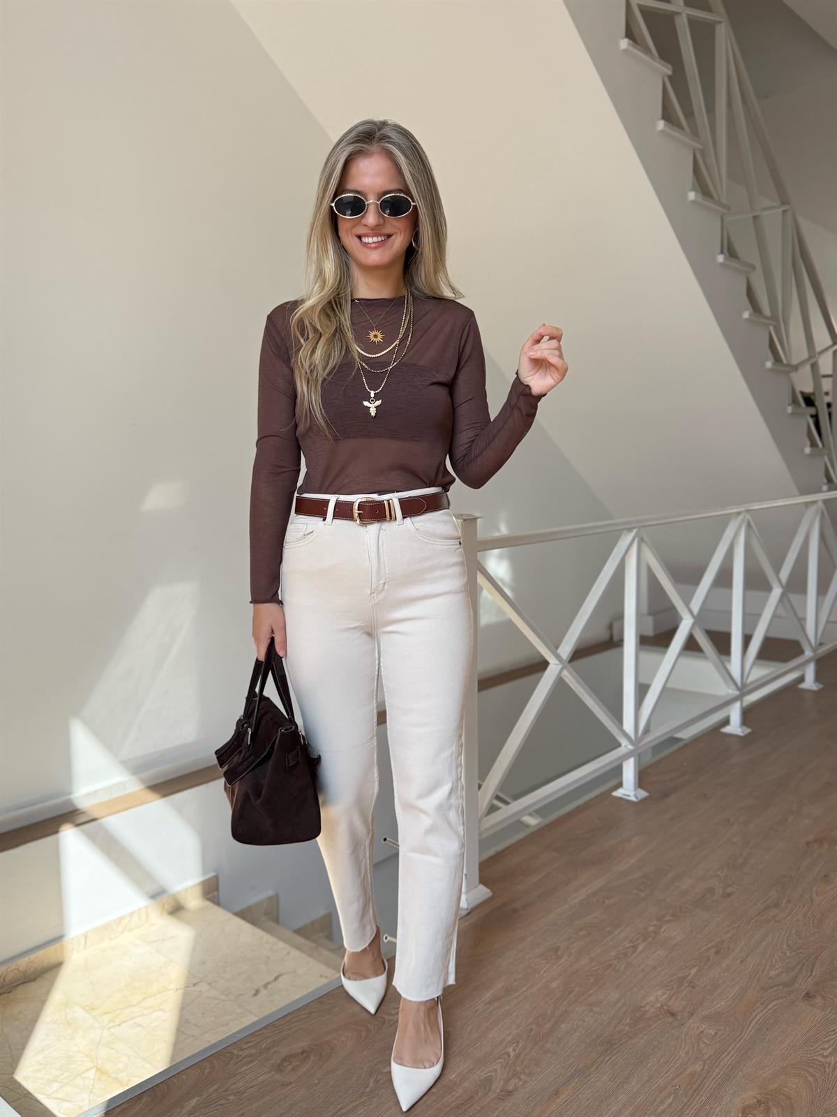 Bisiklet Yaka Transparan Bluz - Kahverengi