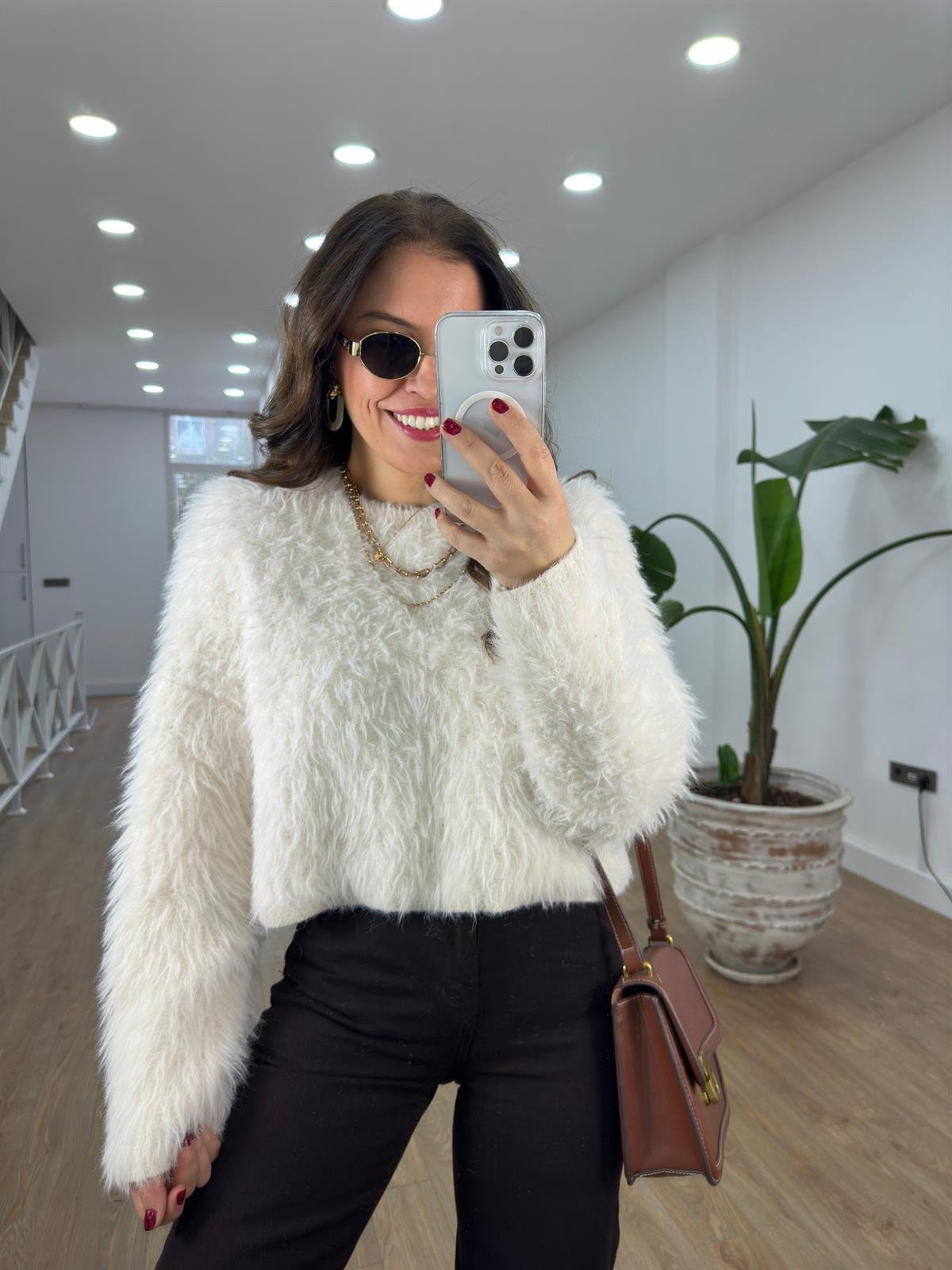 Bisiklet Yaka Tüylü Kazak - Ekru 