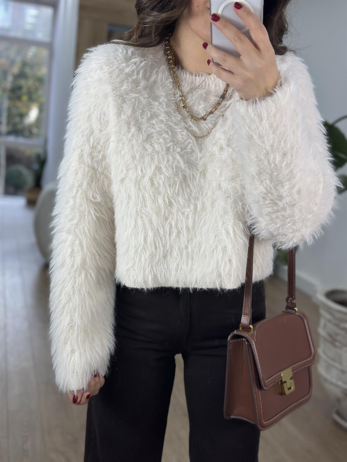 Bisiklet Yaka Tüylü Kazak - Ekru 