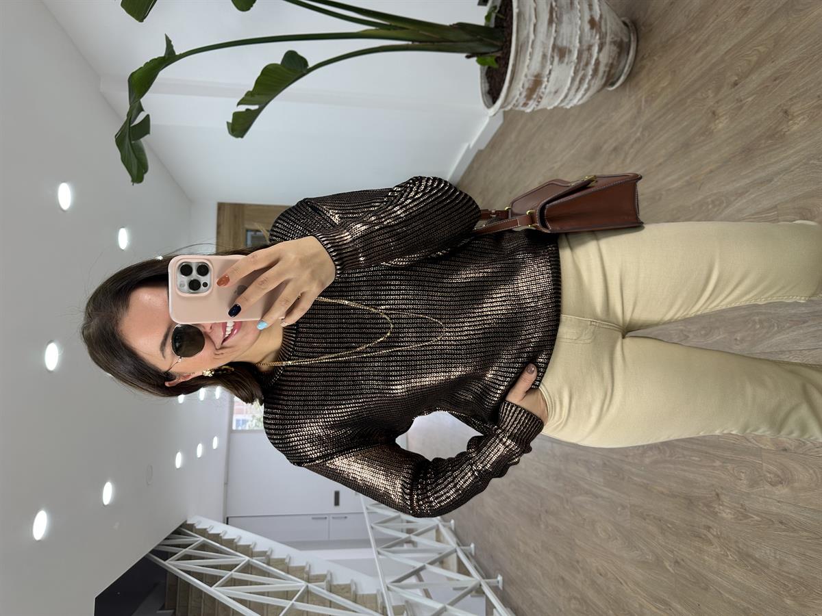 Bisiklet Yaka Varaklı Kazak-Bakır