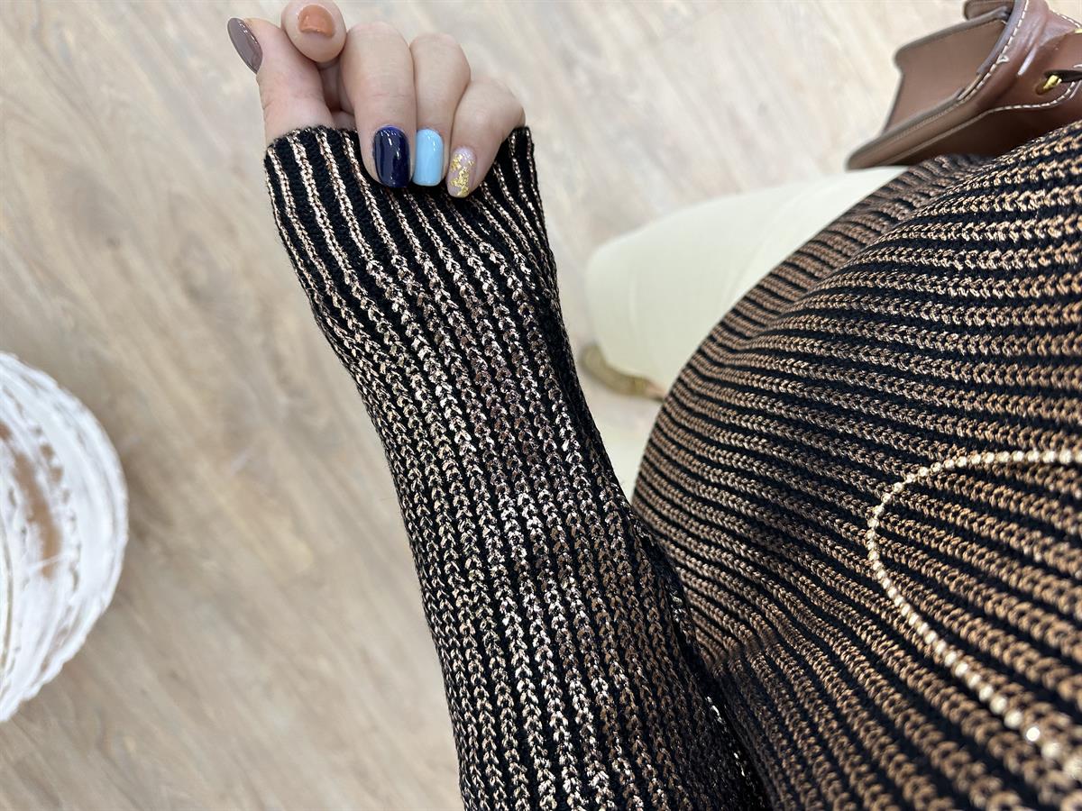 Bisiklet Yaka Varaklı Kazak-Bakır