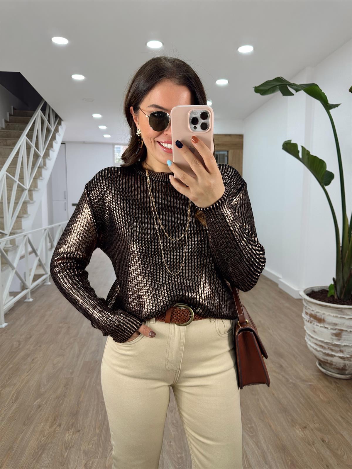 Bisiklet Yaka Varaklı Kazak-Bakır