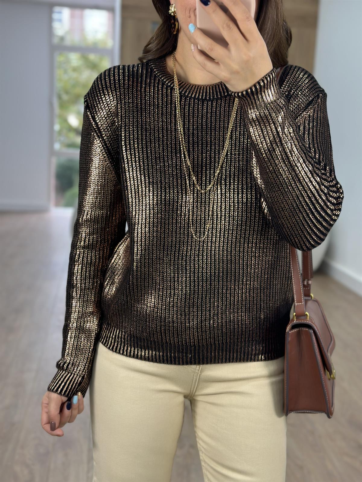 Bisiklet Yaka Varaklı Kazak-Bakır