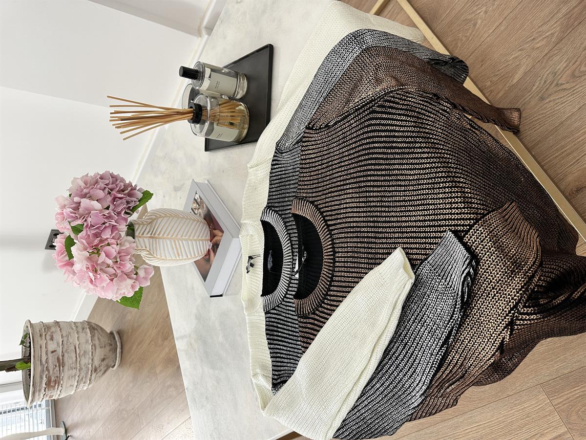 Bisiklet Yaka Varaklı Kazak-Beyaz