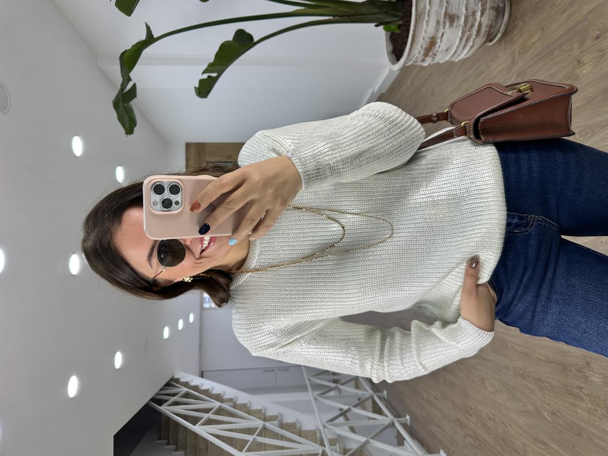 Bisiklet Yaka Varaklı Kazak-Beyaz