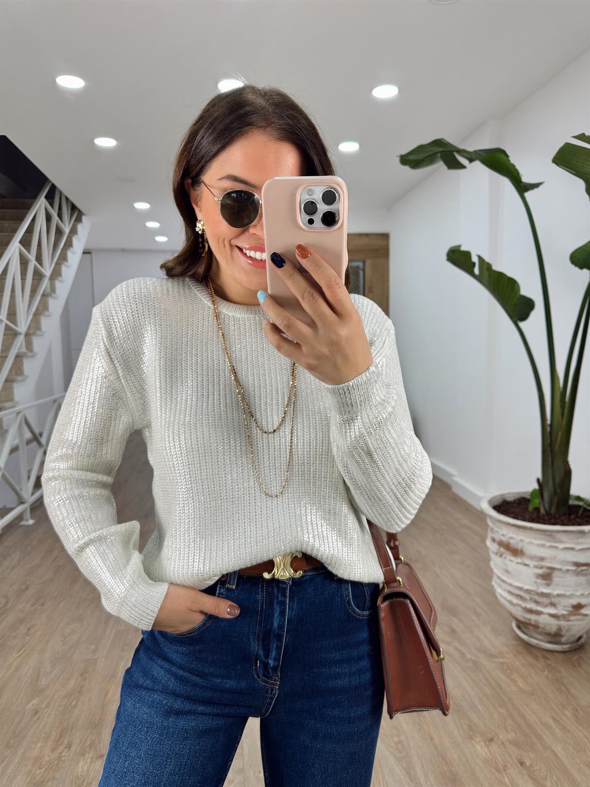 Bisiklet Yaka Varaklı Kazak-Beyaz