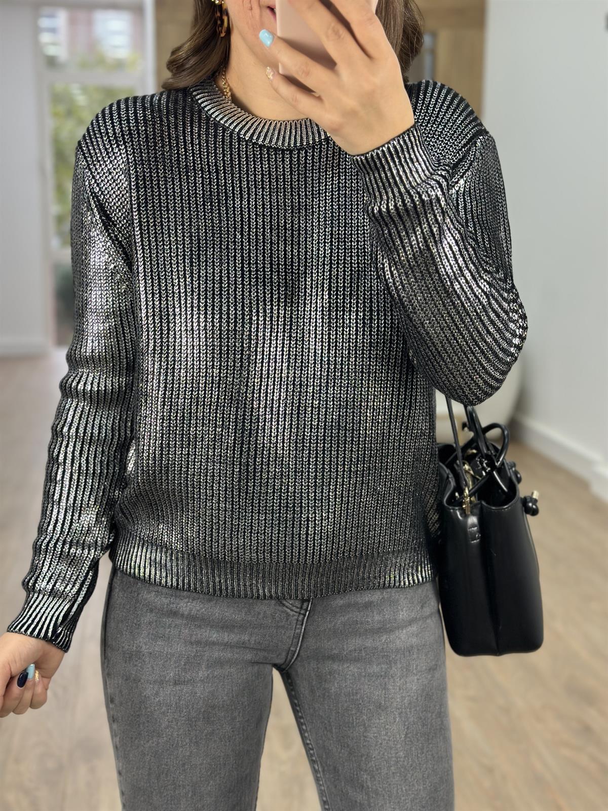 Bisiklet Yaka Varaklı Kazak-Gümüş