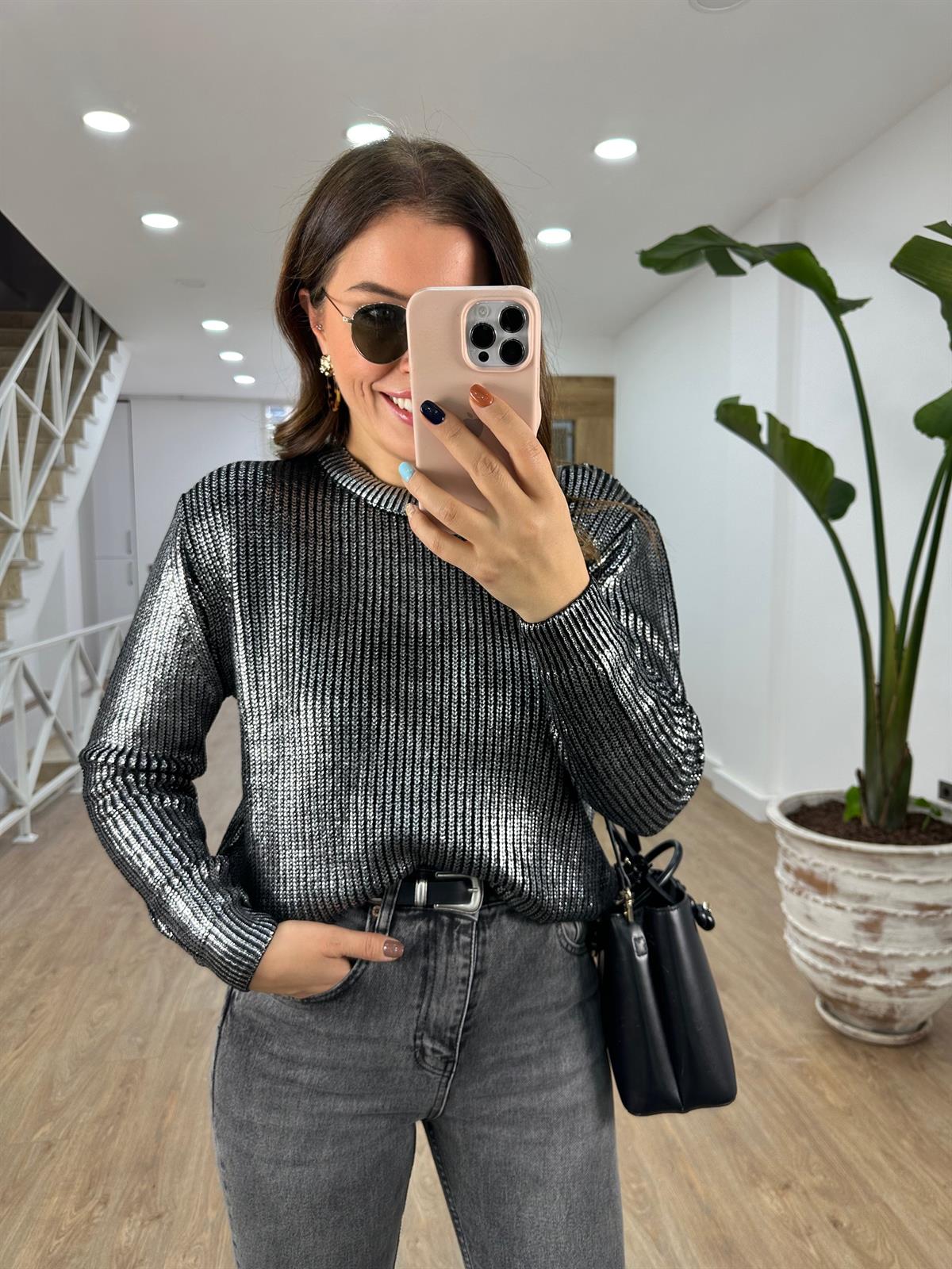 Bisiklet Yaka Varaklı Kazak-Gümüş