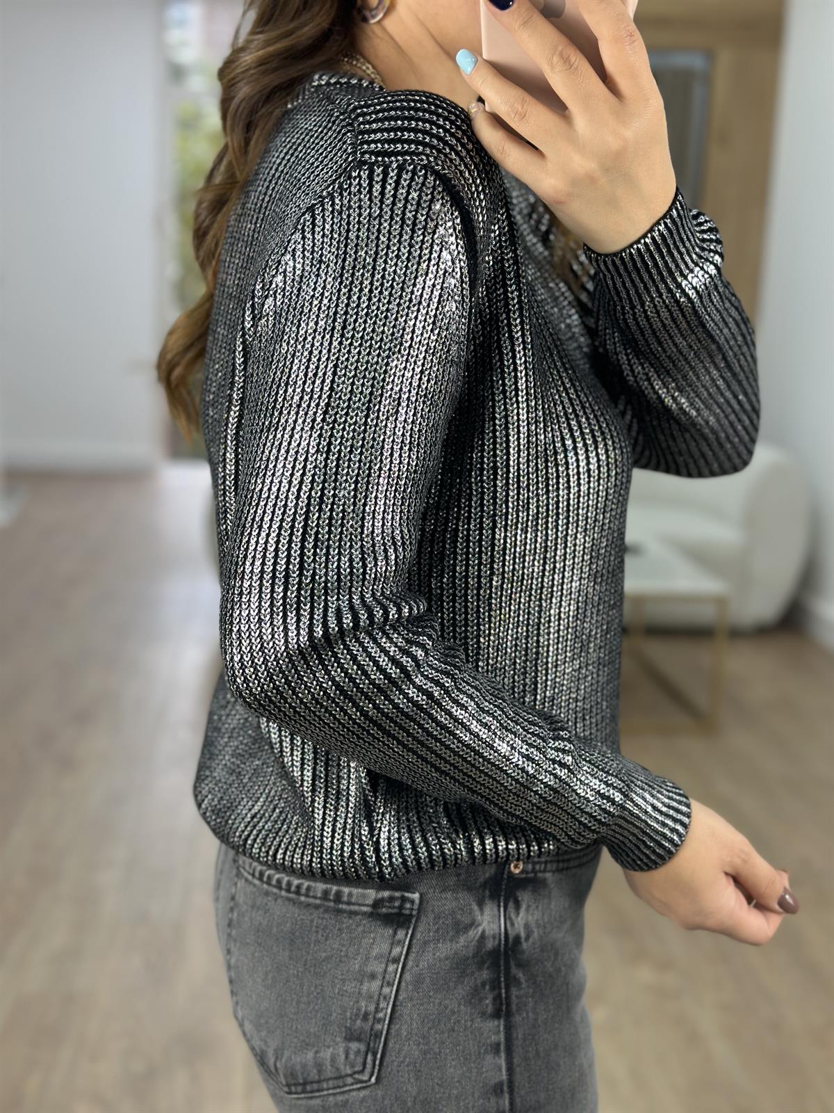 Bisiklet Yaka Varaklı Kazak-Gümüş