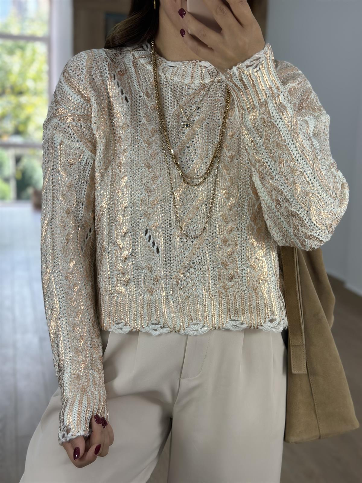 Bisiklet Yaka Varaklı Triko Kazak