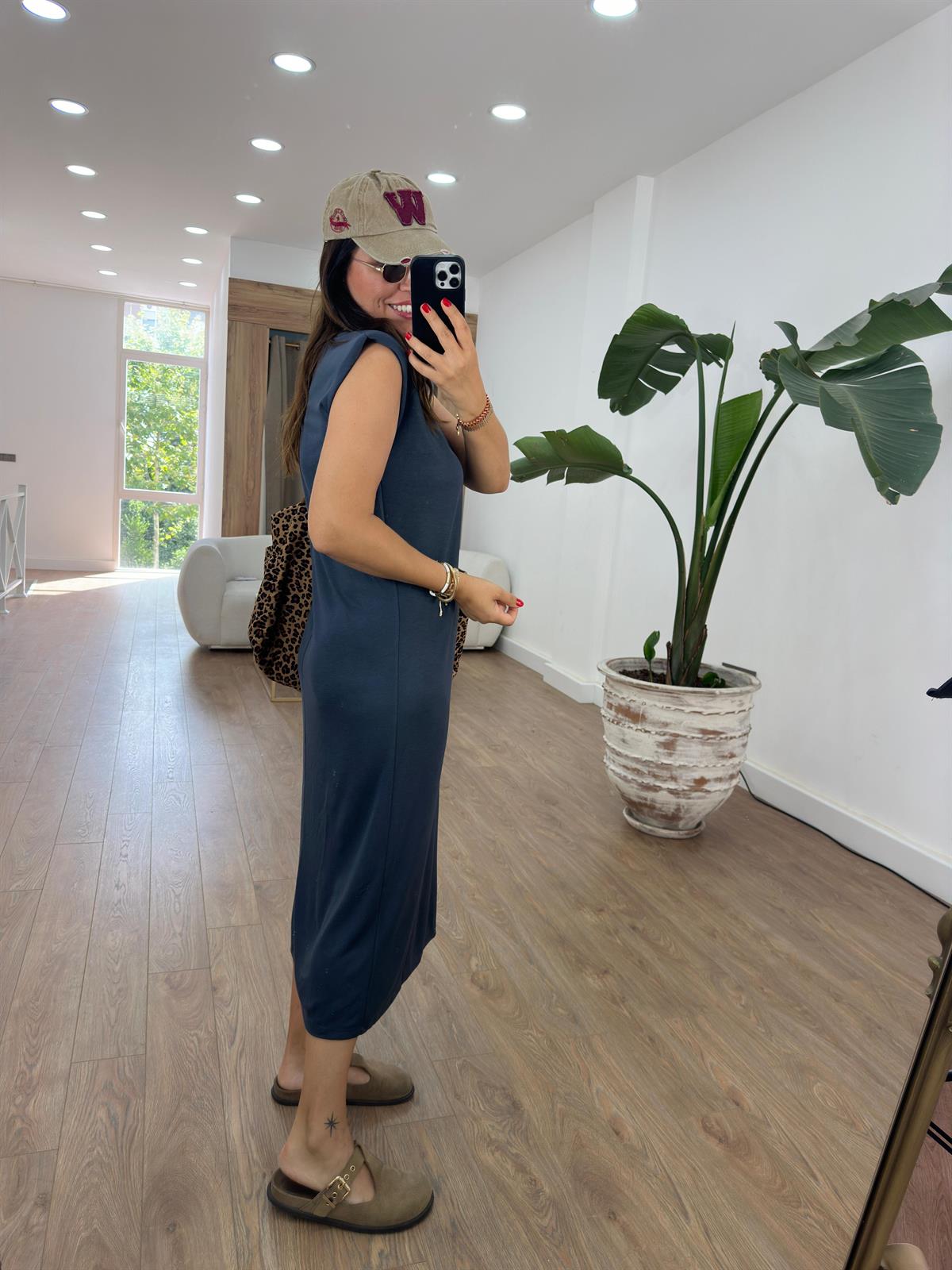 Bisiklet Yaka Vatkalı Basic Elbise-Füme