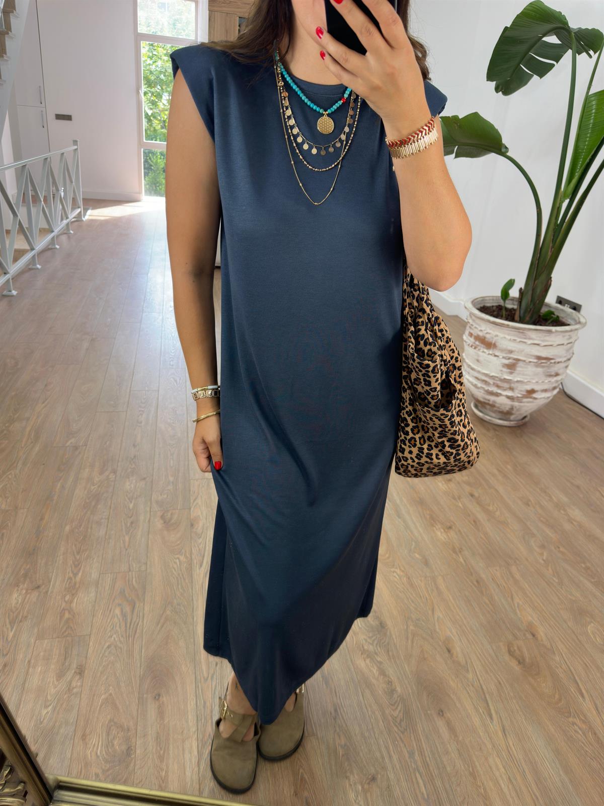 Bisiklet Yaka Vatkalı Basic Elbise-Füme