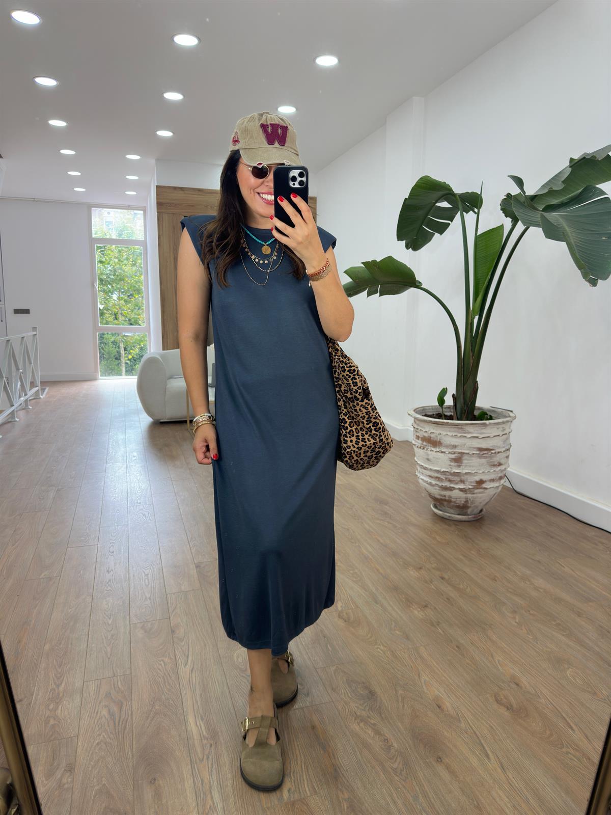 Bisiklet Yaka Vatkalı Basic Elbise-Füme