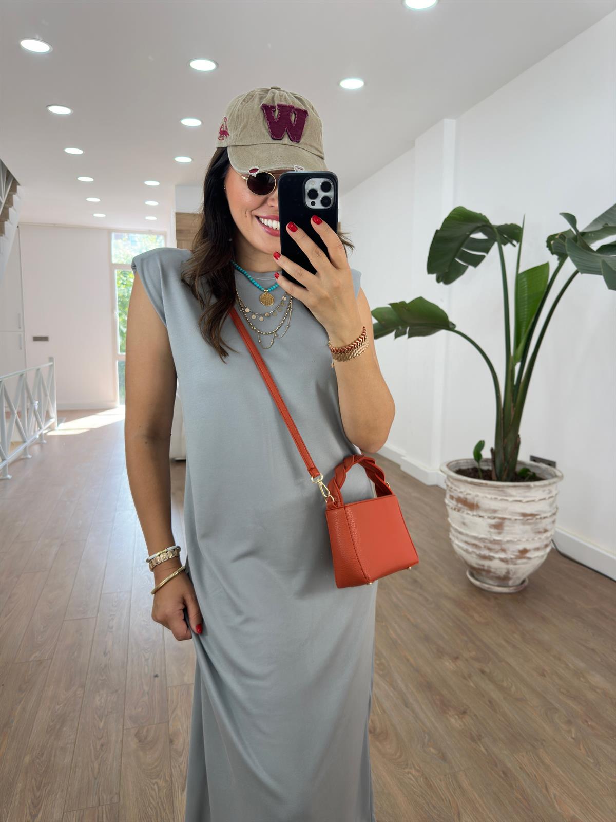 Bisiklet Yaka Vatkalı Basic Elbise-Gri