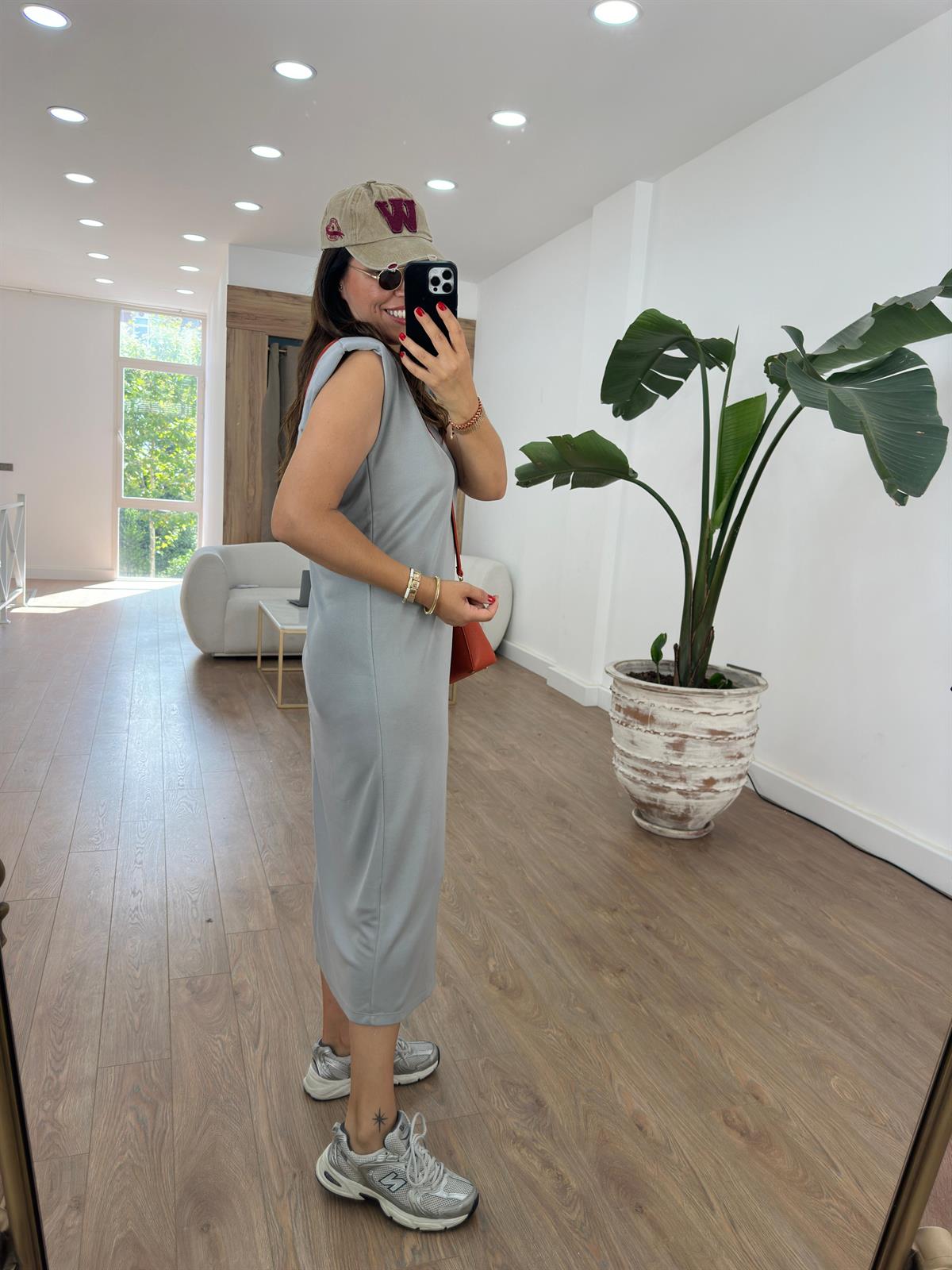 Bisiklet Yaka Vatkalı Basic Elbise-Gri