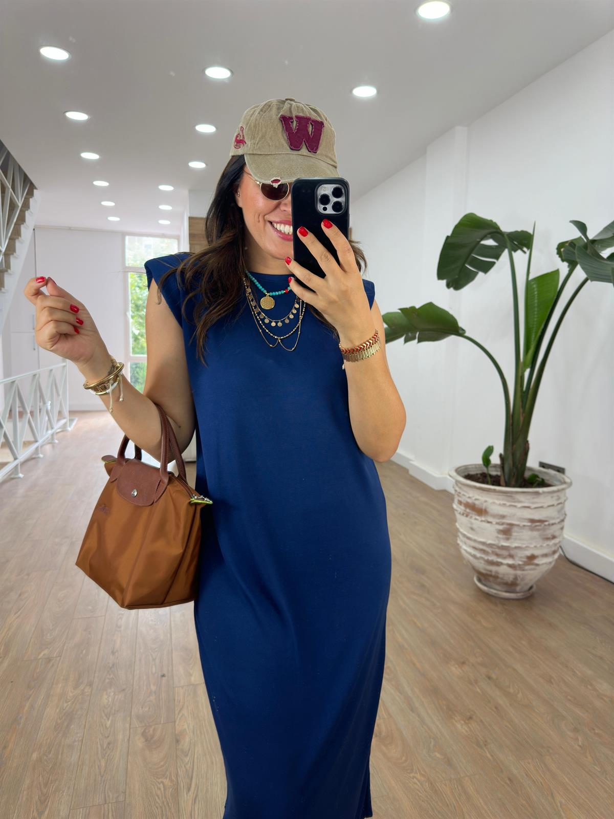 Bisiklet Yaka Vatkalı Basic Elbise-Lacivert