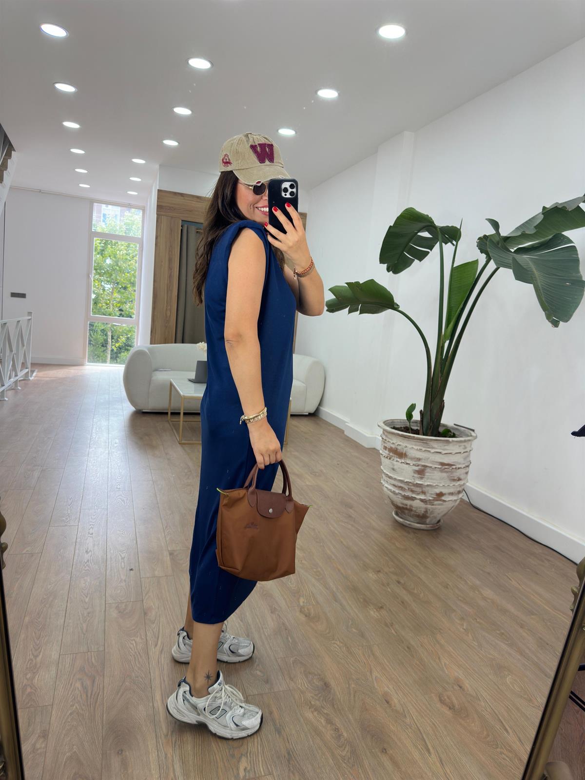 Bisiklet Yaka Vatkalı Basic Elbise-Lacivert