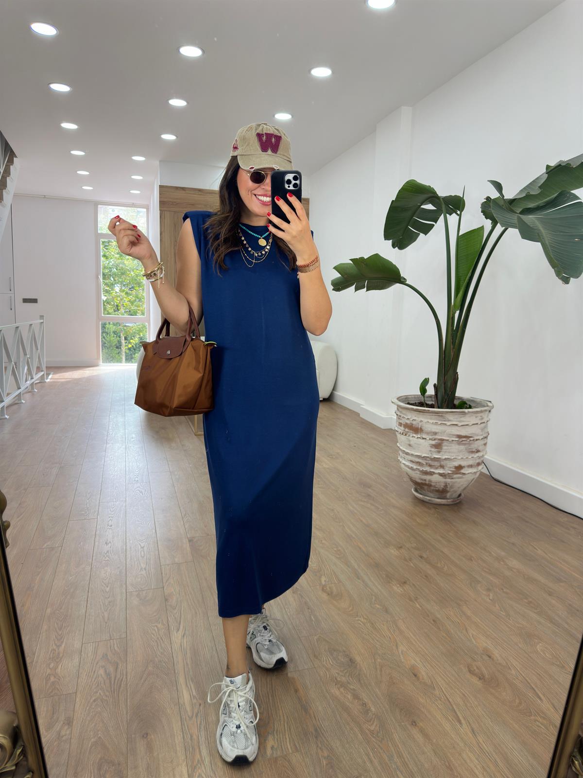 Bisiklet Yaka Vatkalı Basic Elbise-Lacivert