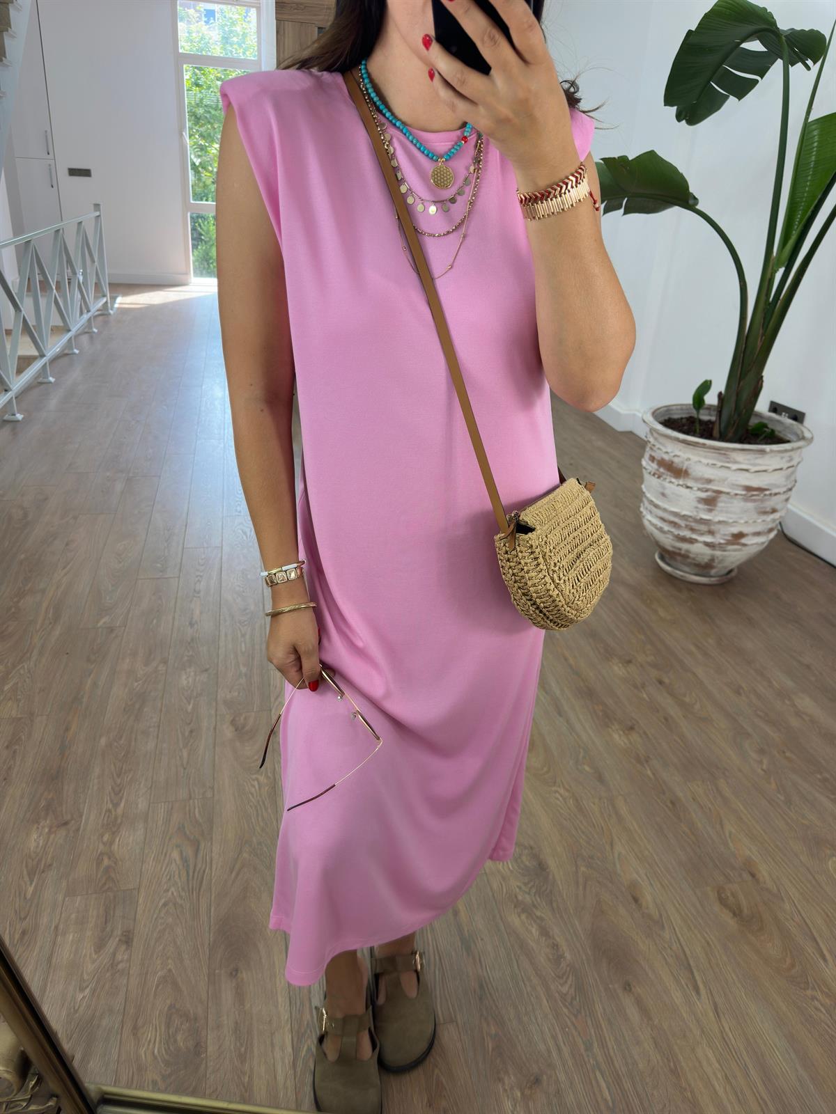 Bisiklet Yaka Vatkalı Basic Elbise-Pembe