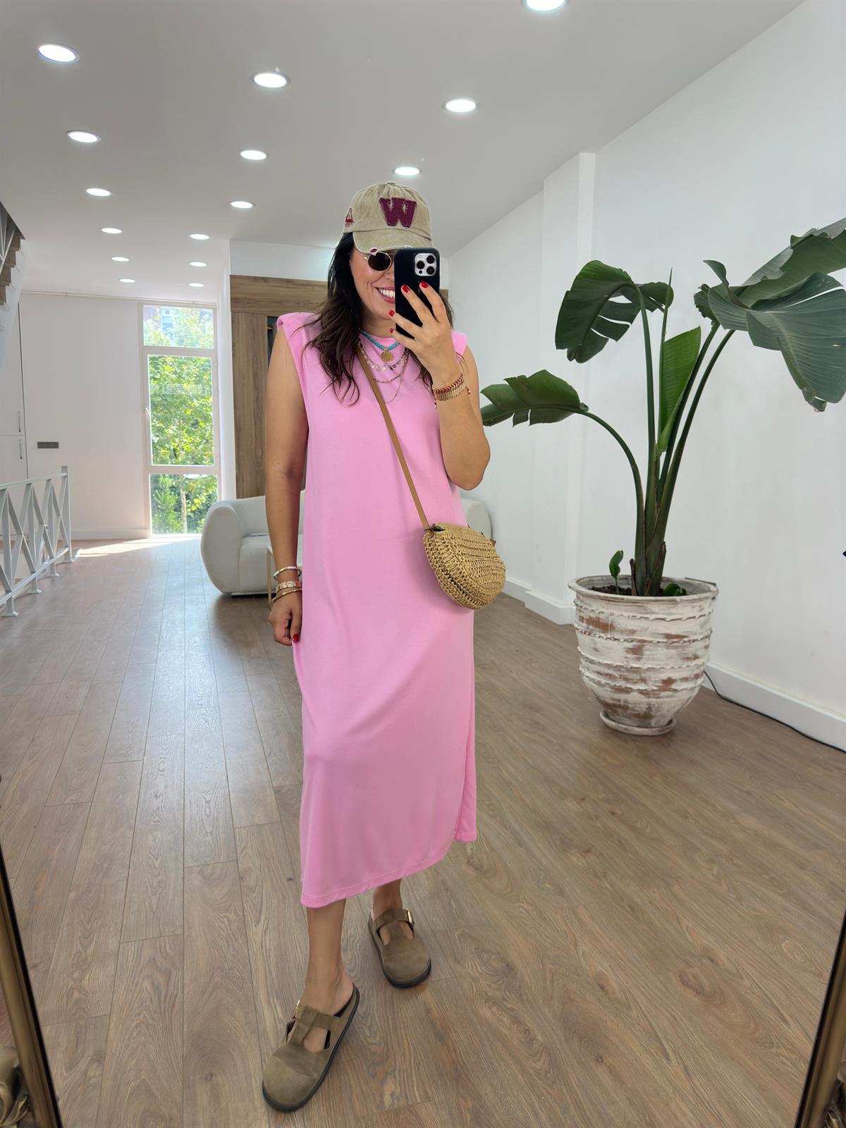 Bisiklet Yaka Vatkalı Basic Elbise-Pembe