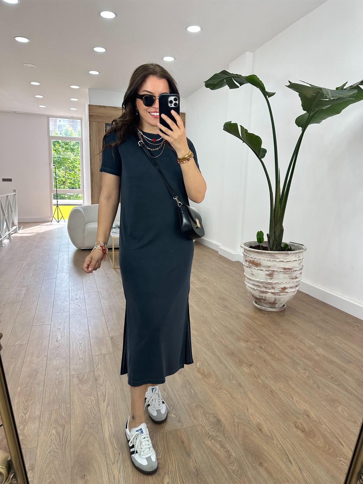 Bisiklet Yaka Yanları Yırtmaçlı Modal Elbise-Antrasit