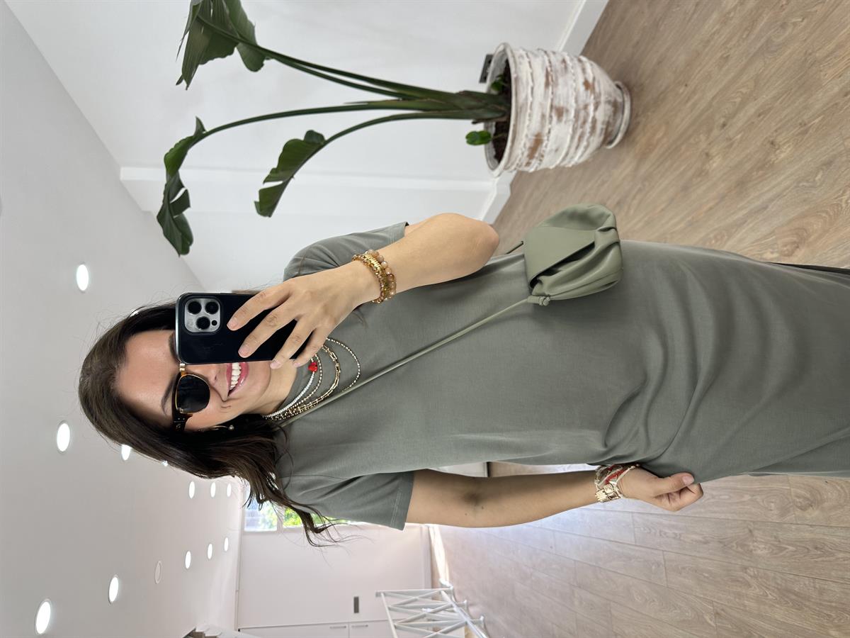 Bisiklet Yaka Yanları Yırtmaçlı Modal Elbise-Haki